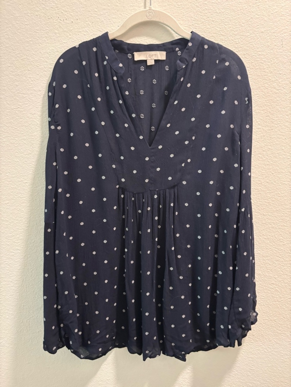 LOFT Navy Polka Dot V-Neck Peasant Blouse, size M
